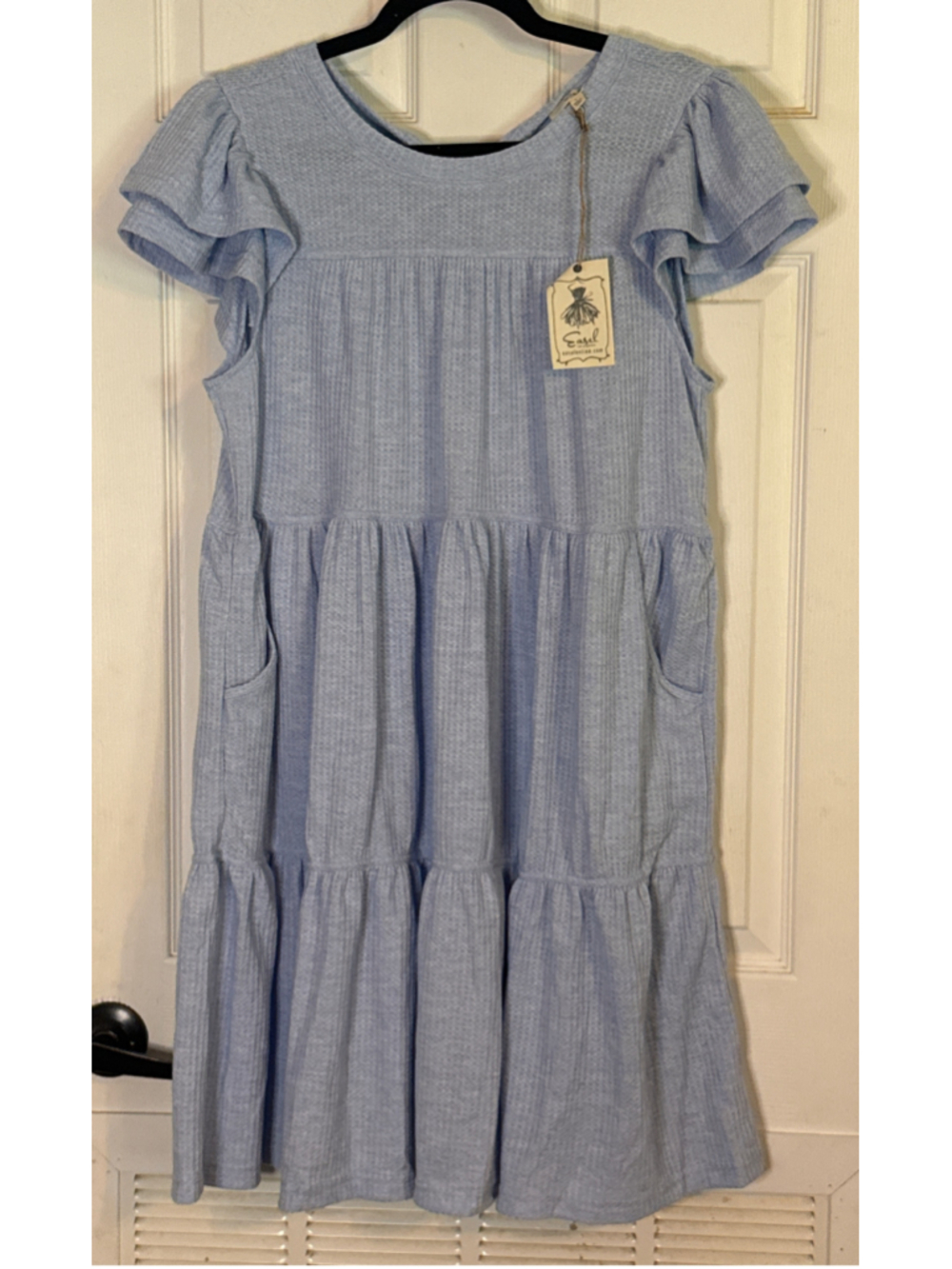 Easel Blue Waffle Knit Tiered Dress Size L - Picture 2 of 5